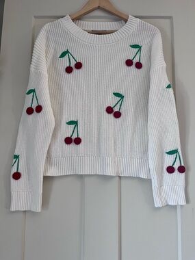 Cynthia Rowley Off-White Cherry-Appliqué Crewneck Sweater